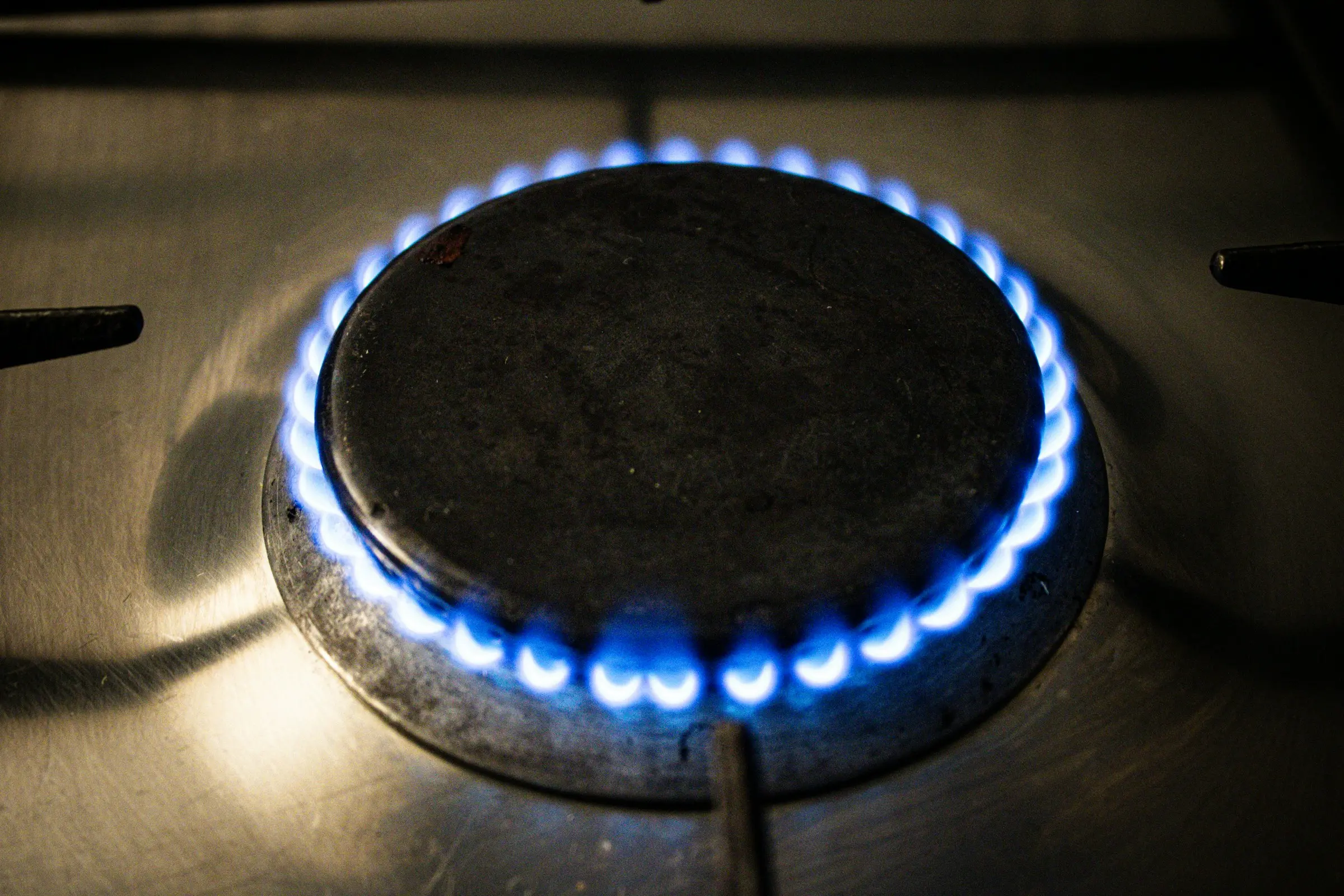 A blue gas ring flame burning on a hob